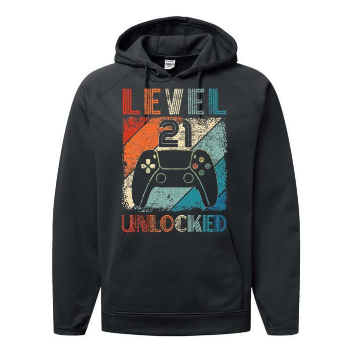 Vintage Level 21 Unlocked Video Gamer 21st Birthday Performance Fleece Hoodie