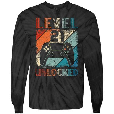 Vintage Level 21 Unlocked Video Gamer 21st Birthday Tie-Dye Long Sleeve Shirt