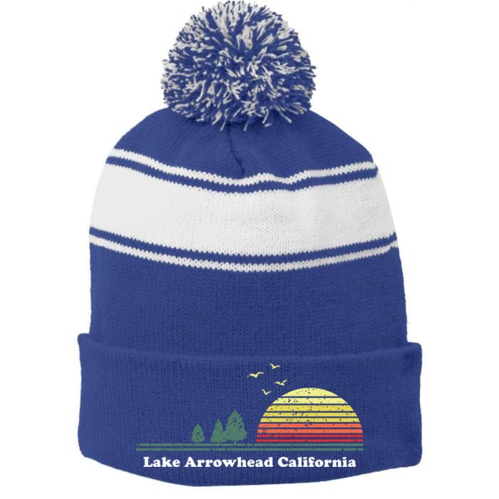 Vintage Lake Arrowhead California Sunset Souvenir Print Funny Gift Stripe Pom Pom Beanie