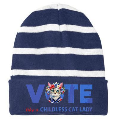 Vote Like A Childless Cat Lady Funny Voting Kamala Striped Beanie with Solid Band