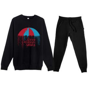 Valentine Love Always Wins Raining Hearts Dripping Umbrella Gift Premium Crewneck Sweatsuit Set