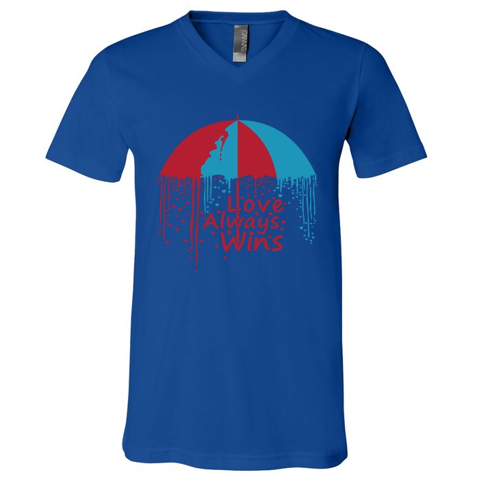 Valentine Love Always Wins Raining Hearts Dripping Umbrella Gift V-Neck T-Shirt