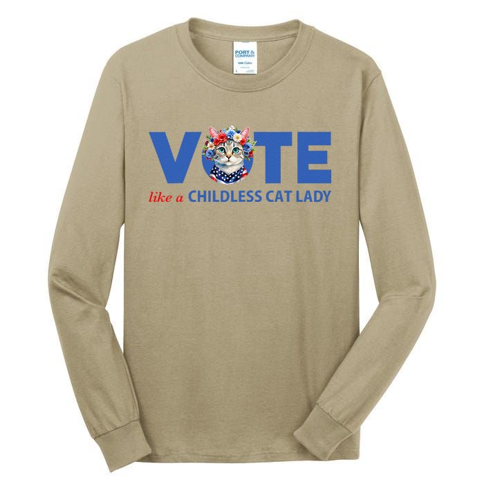 Vote Like A Childless Cat Lady Floral Cat Vote For Kamala Tall Long Sleeve T-Shirt