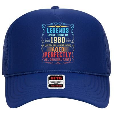 Vintage Legend Born In 1980 43rd Birthday 43 Years Old High Crown Mesh Back Trucker Hat