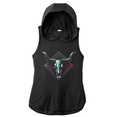 Vaporwave Longhorn Cow Cattle Skull Art 80s 90s Ladies PosiCharge Tri-Blend Wicking Draft Hoodie Tank