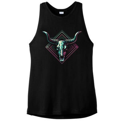 Vaporwave Longhorn Cow Cattle Skull Art 80s 90s Ladies PosiCharge Tri-Blend Wicking Tank