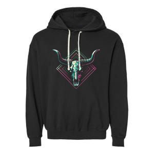 Vaporwave Longhorn Cow Cattle Skull Art 80s 90s Garment-Dyed Fleece Hoodie