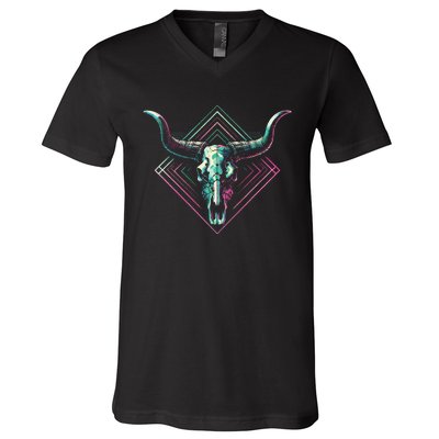 Vaporwave Longhorn Cow Cattle Skull Art 80s 90s V-Neck T-Shirt