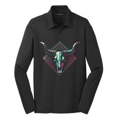 Vaporwave Longhorn Cow Cattle Skull Art 80s 90s Silk Touch Performance Long Sleeve Polo