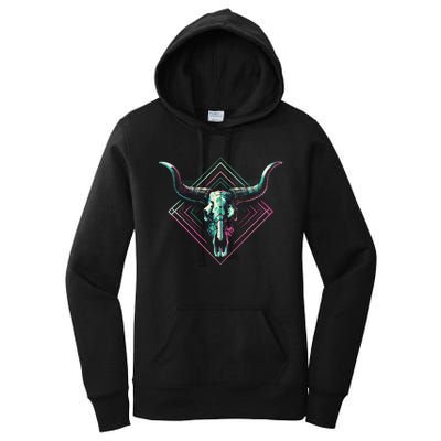 Vaporwave Longhorn Cow Cattle Skull Art 80s 90s Women's Pullover Hoodie