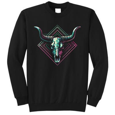 Vaporwave Longhorn Cow Cattle Skull Art 80s 90s Tall Sweatshirt