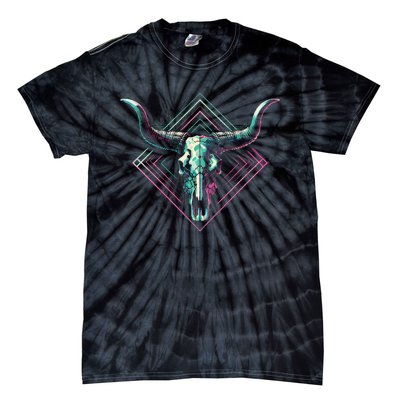 Vaporwave Longhorn Cow Cattle Skull Art 80s 90s Tie-Dye T-Shirt