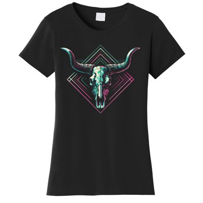 Vaporwave Longhorn Cow Cattle Skull Art 80s 90s Women's T-Shirt