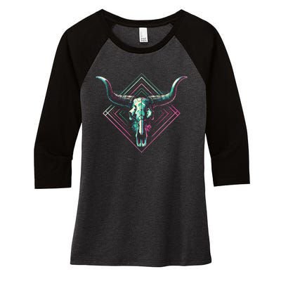 Vaporwave Longhorn Cow Cattle Skull Art 80s 90s Women's Tri-Blend 3/4-Sleeve Raglan Shirt