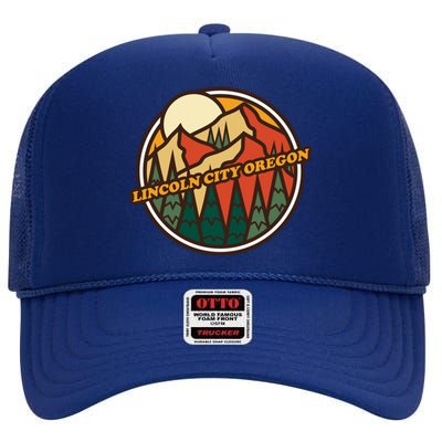 Vintage Lincoln City Oregon Mountain Hiking Souvenir Print Meaningful Gift High Crown Mesh Back Trucker Hat