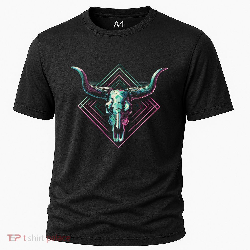 Vaporwave Longhorn Cow Cattle Skull Art 80s 90s Retro Style Cooling Performance Crew T-Shirt