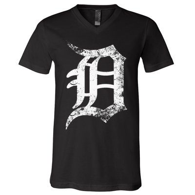 Vintage Letter D Detroit Michigan 313 Area Code White V-Neck T-Shirt