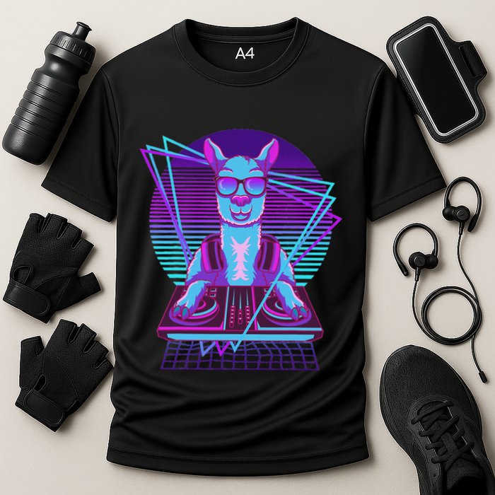 Vaporwave Llama Dj Turntable Sunglass Llama Cooling Performance Crew T-Shirt