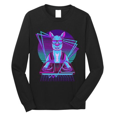 Vaporwave Llama Dj Turntable Sunglass Llama Long Sleeve Shirt