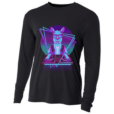 Vaporwave Llama Dj Turntable Sunglass Llama Cooling Performance Long Sleeve Crew
