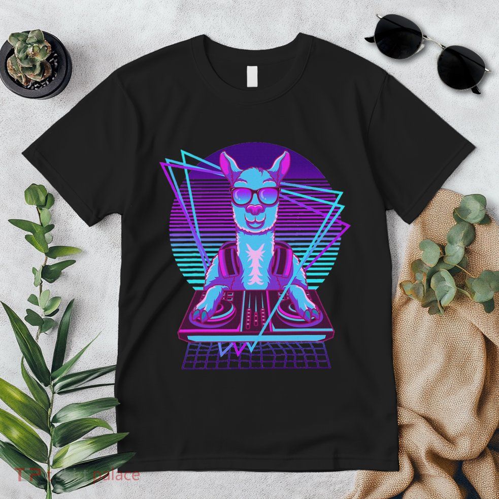 Vaporwave Llama Dj Turntable Sunglass Llama Premium T-Shirt