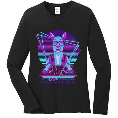 Vaporwave Llama Dj Turntable Sunglass Llama Ladies Long Sleeve Shirt