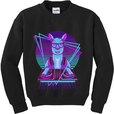 Vaporwave Llama Dj Turntable Sunglass Llama Kids Sweatshirt