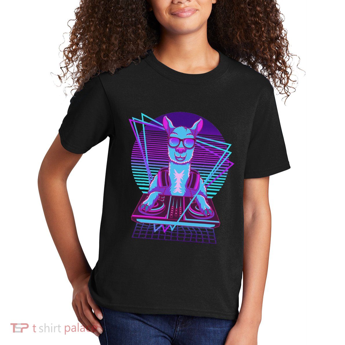 Vaporwave Llama Dj Turntable Sunglass Llama Kids T-Shirt