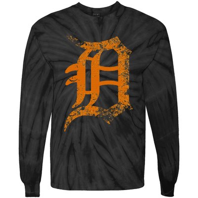 Vintage Letter D Detroit Michigan 313 Area Code Orange Tie-Dye Long Sleeve Shirt