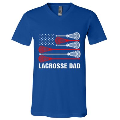 Vintage Lacrosse Dad Lax Dad Usa Flag Patriotic V-Neck T-Shirt