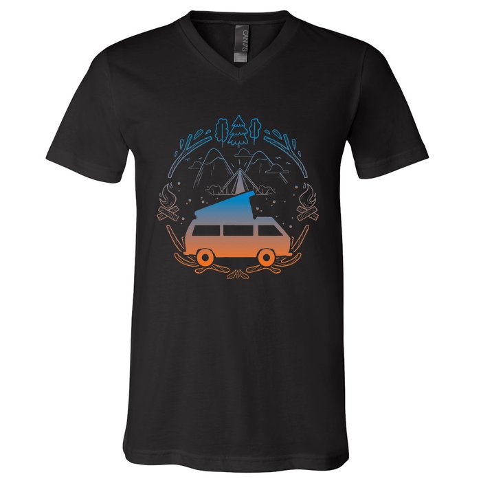 Van Life Design Vanagon Van Bus Dipper Campfire Camping V-Neck T-Shirt