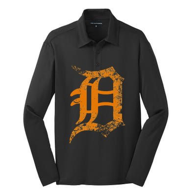 Vintage Letter D Detroit Michigan 313 Area Code Orange Silk Touch Performance Long Sleeve Polo