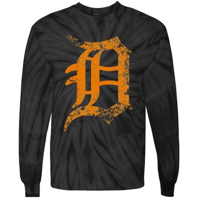 Vintage Letter D Detroit Michigan 313 Area Code Orange Tie-Dye Long Sleeve Shirt