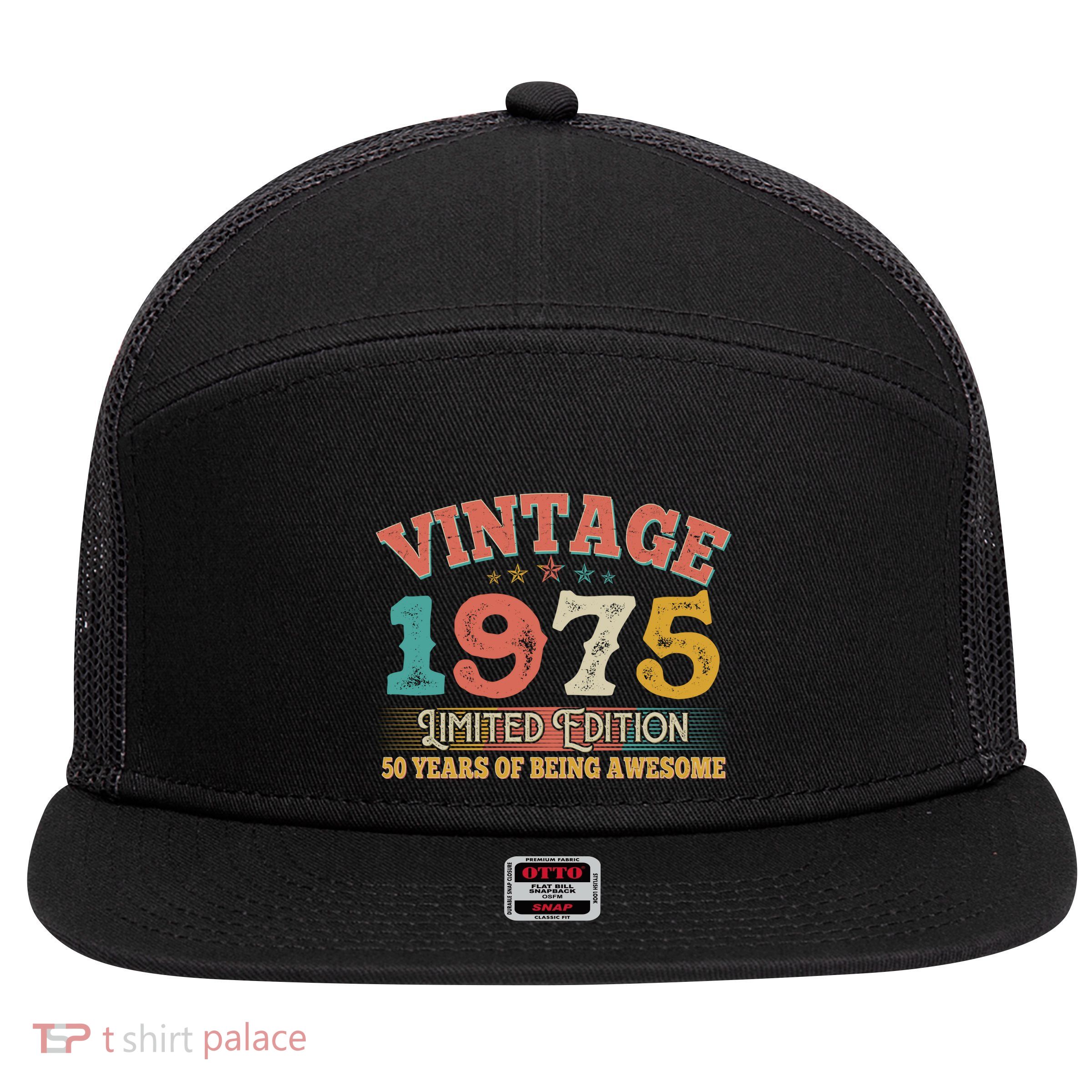 Vintage Limited Edition 1975 50 Years Of Being Awesome Birthday 7 Panel Mesh Trucker Snapback Hat