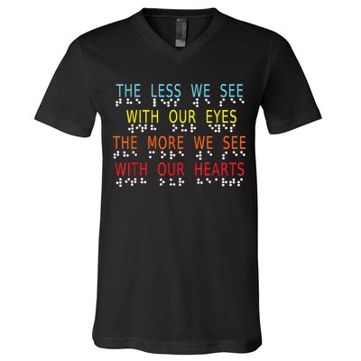 Vintage Less Eyes More Heart Impaired Dots Braille V-Neck T-Shirt