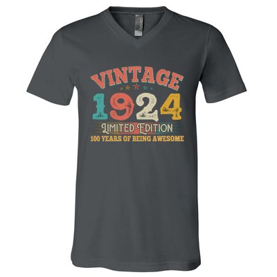 Vintage Limited Edition 1924 100 Years Of Being Awesome Birthday V-Neck T-Shirt