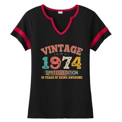 Vintage Limited Edition 1974 50 Years Of Being Awesome Birthday Ladies Halftime Notch Neck Tee