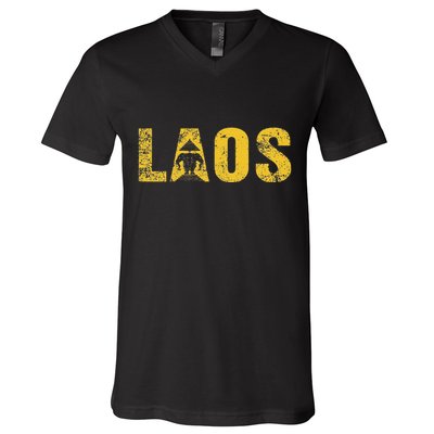 Vintage Laos Flag Vientiane Kingdom Of Laos V-Neck T-Shirt