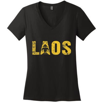 Vintage Laos Flag Vientiane Kingdom Of Laos Women's V-Neck T-Shirt