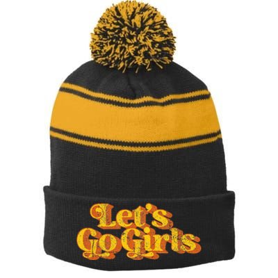 Vintage Lets Go Funny Country Music Retro 70s Stripe Pom Pom Beanie