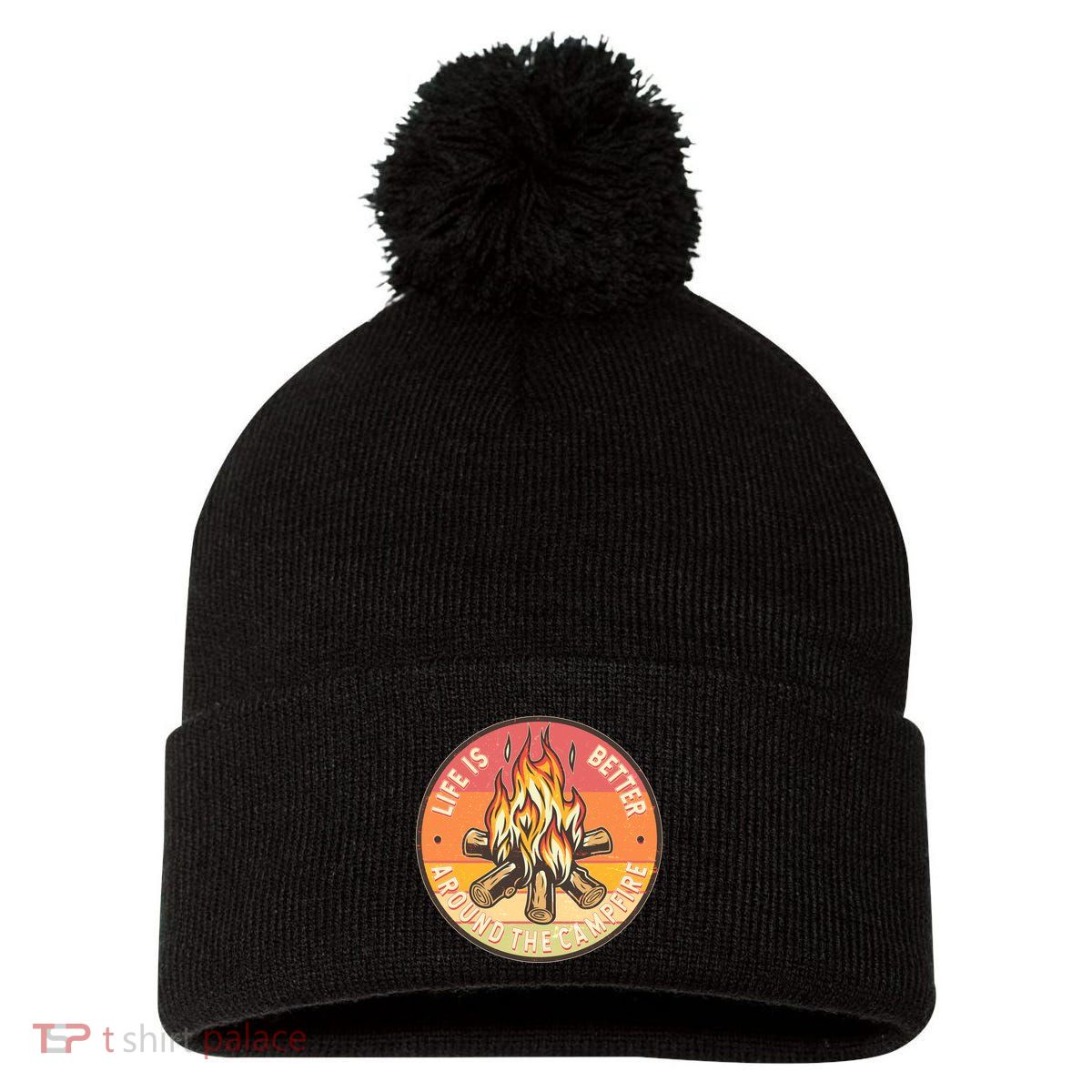 Vintage Life Is Better Around The Campfire Emblem Pom Pom 12in Knit Beanie
