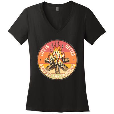 Vintage Life Is Better Around The Campfire Emblem Women's V-Neck T-Shirt