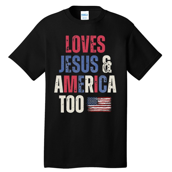 Vintage Loves Jesus And America Too Patriotic Proud US.Flag Tall T-Shirt