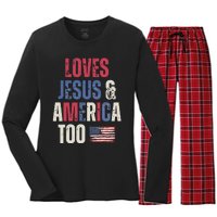 Vintage Loves Jesus And America Too Patriotic Proud US.Flag Women's Long Sleeve Flannel Pajama Set 