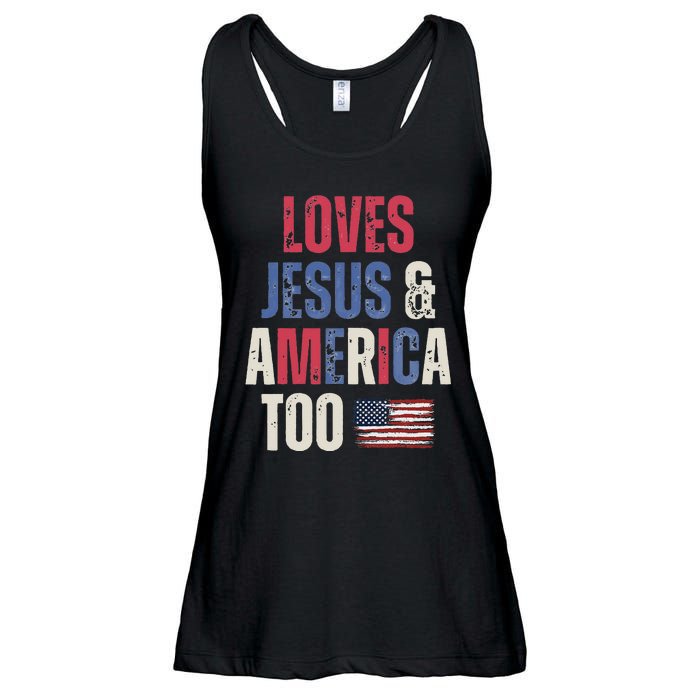 Vintage Loves Jesus And America Too Patriotic Proud US.Flag Ladies Essential Flowy Tank