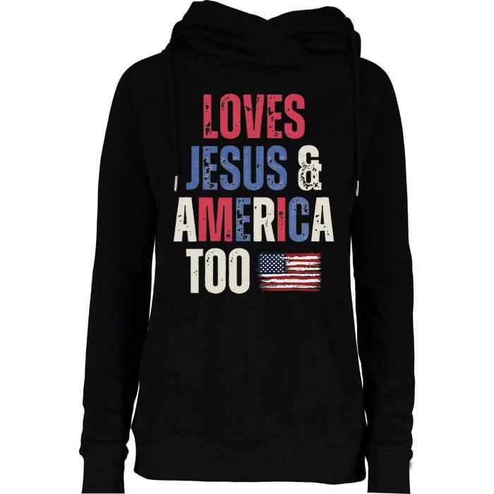 Vintage Loves Jesus And America Too Patriotic Proud US.Flag Womens Funnel Neck Pullover Hood