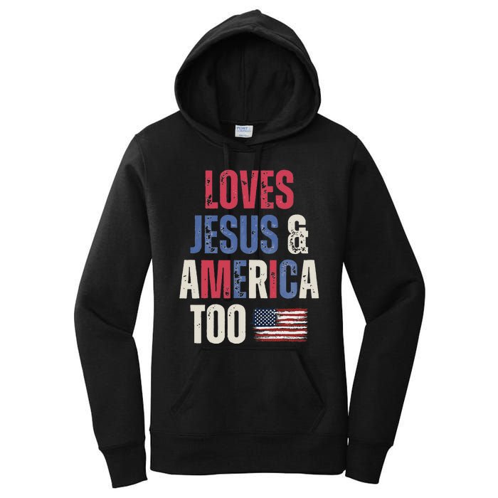 Vintage Loves Jesus And America Too Patriotic Proud US.Flag Women's Pullover Hoodie