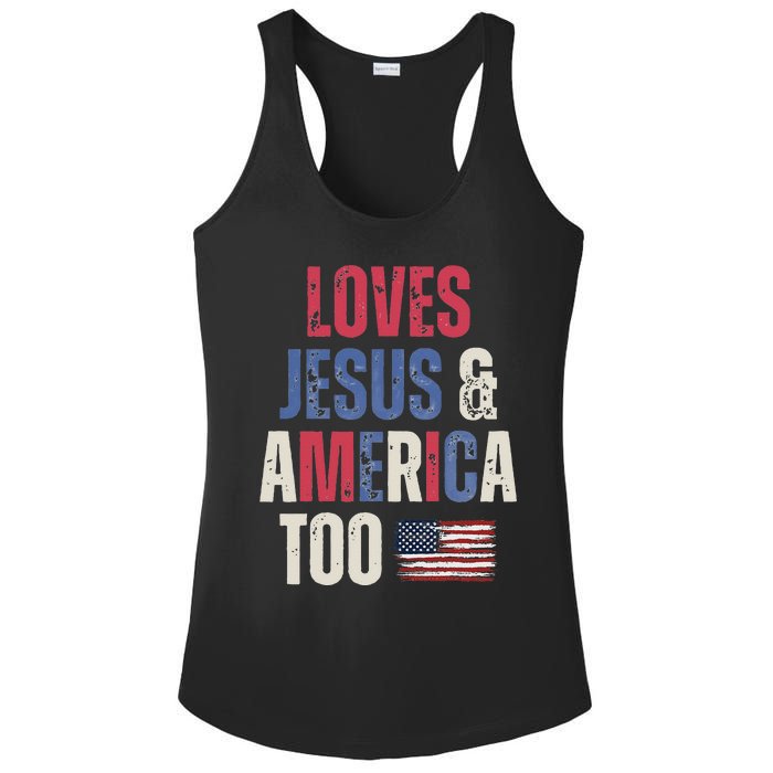 Vintage Loves Jesus And America Too Patriotic Proud US.Flag Ladies PosiCharge Competitor Racerback Tank