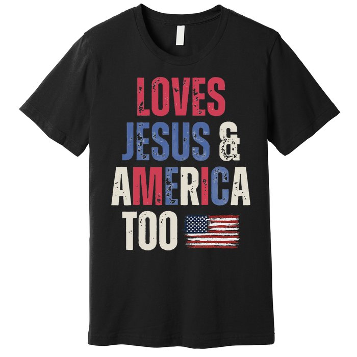 Vintage Loves Jesus And America Too Patriotic Proud US.Flag Premium T-Shirt