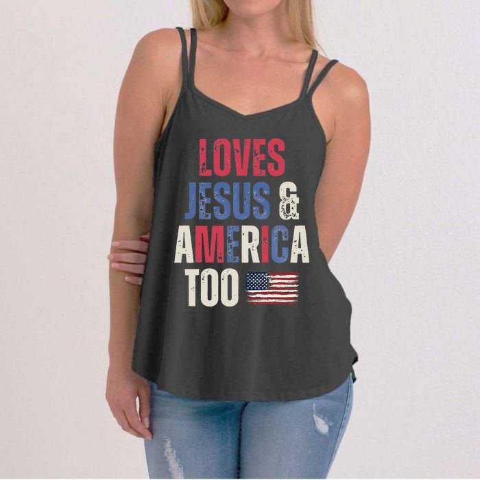 Vintage Loves Jesus And America Too Patriotic Proud US.Flag Women's Strappy Tank